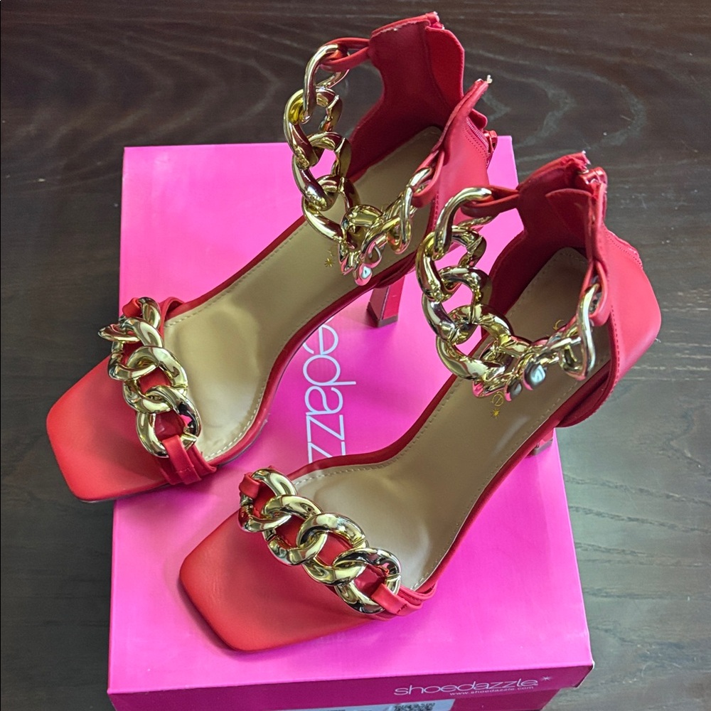 Shoe Dazzle Bold Red Heels with Gold Chains